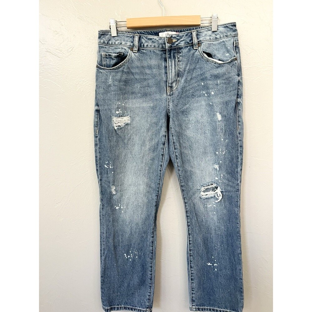 Cabi Women's Size 8 Jeans 100% Boyfriend Distressed Bleach Splatter Straight
